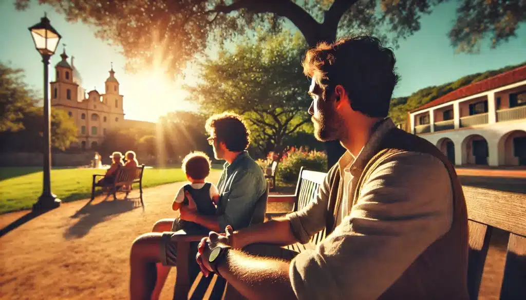 A wide-angle, photo-realistic cinematic image with summer vibes, capturing the concept of sole custody in Texas. The scene shows a thoughtful moment in an outdoor setting, with a parent sitting at a park bench, looking out as they hold a child close. The background shows summer greenery, warm sunlight, and an inviting Texas landscape, creating a peaceful yet contemplative atmosphere that reflects the importance of custody decisions. No text, legal documents, or camera equipment visible.