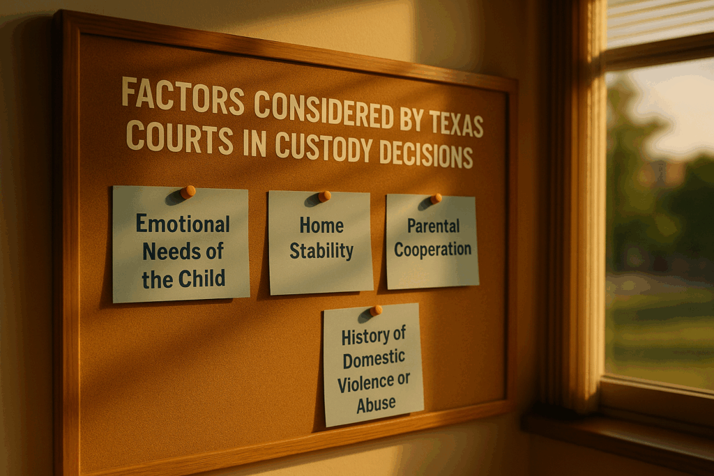 Factors considered by Texas courts in custody decisions.