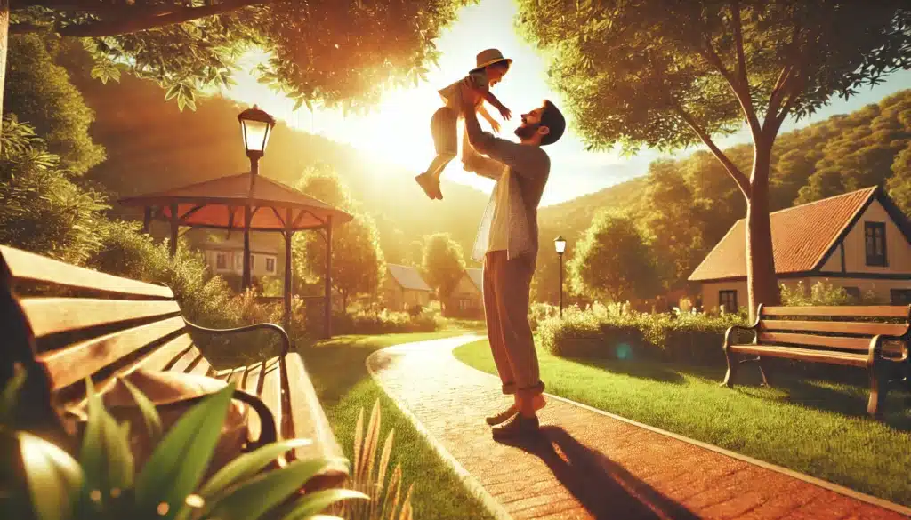 A wide-angle, photo-realistic, cinematic image capturing a summer vibe. The scene features a loving parent and child spending quality time together in a sunlit park. The parent, dressed in casual summer attire, lifts the child into the air while both share a joyful laugh. The background showcases lush greenery, warm golden sunlight, and a peaceful setting that emphasizes the importance of child support in ensuring a child's well-being. The atmosphere is heartwarming, conveying love, security, and the value of parental responsibility.