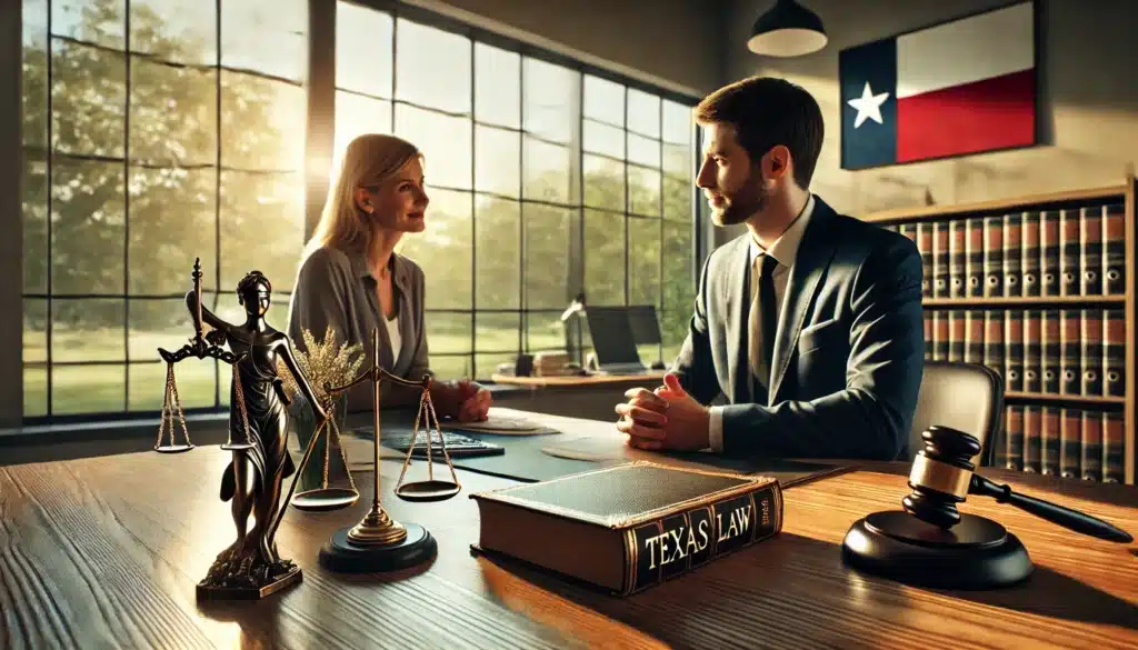 A cinematic, photo-realistic wide-angle image of a professional setting where a Texas family law attorney consults with clients. The scene takes place in a well-lit law office with large windows letting in warm summer sunlight. A confident attorney sits at a polished wooden desk, attentively listening to a couple discussing their legal concerns. Legal documents, a scale of justice, and a Texas-themed legal book are neatly arranged on the desk, symbolizing expertise and fairness. The atmosphere is professional yet inviting, emphasizing trust and legal guidance.