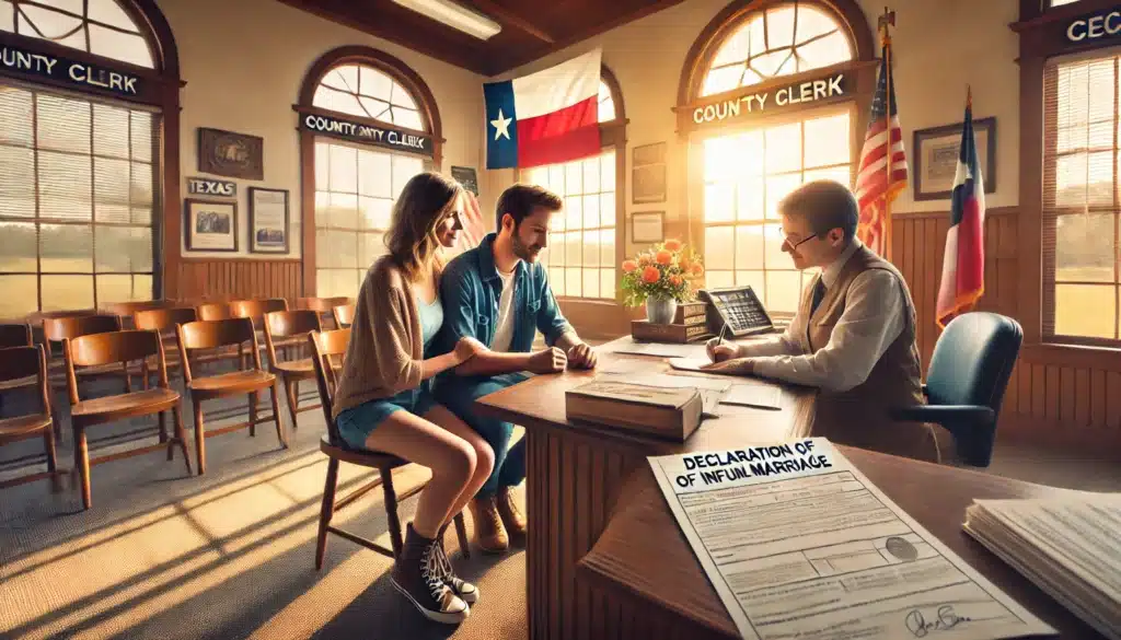 A photo-realistic, cinematic wide-angle image depicting a couple at a Texas county clerk’s office during a summer afternoon. They are sitting at a wooden desk, filling out paperwork labeled 'Declaration of Informal Marriage' with a clerk assisting them. The office has large windows allowing warm sunlight to filter in, creating a bright and inviting atmosphere. The background features a Texas flag, legal documents, and a welcoming, professional setting. The couple looks happy and engaged, symbolizing the process of making their informal marriage official.