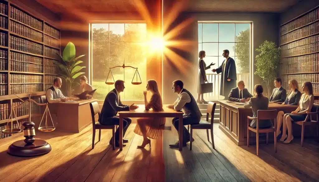 A wide-angle, photo-realistic, cinematic image with summer vibes. The scene shows a split setting: on one side, a calm and amicable discussion between a couple with their mediator at a table, representing an uncontested divorce. On the other side, a courtroom with a tense atmosphere, showing lawyers and a couple arguing, symbolizing a contested divorce. The summer vibe is reflected in bright sunlight streaming through windows and warm tones, with subtle greenery outside. The image conveys the emotional contrast between the two types of divorces.