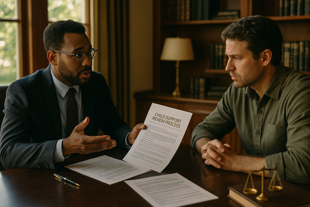 A professional attorney is seated at a desk in a law office, consulting with a client about modifying existing child support arrangements in Texas. The attorney is discussing the child support review process and the necessary documentation needed to address changes in financial circumstances and custody arrangements.