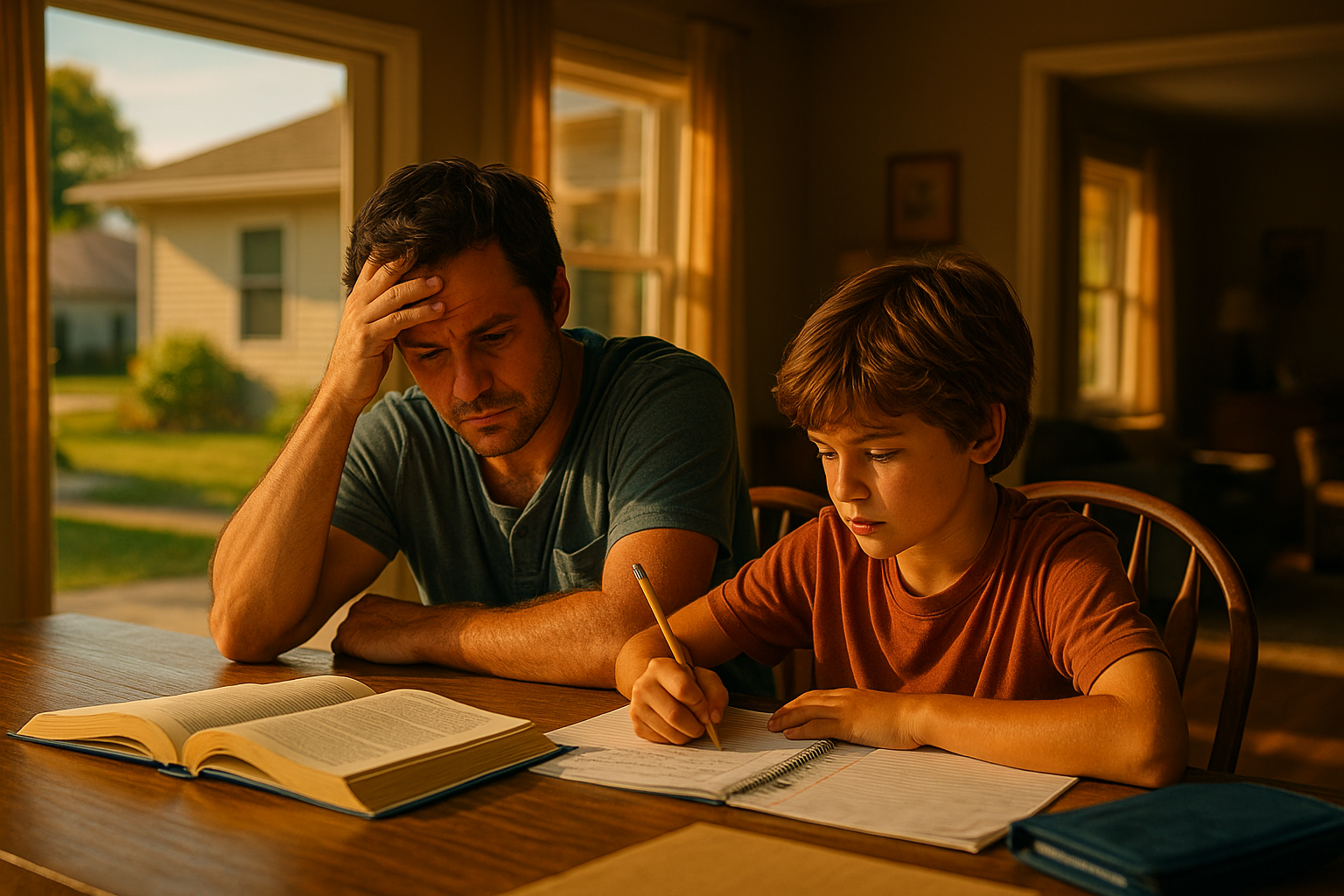 Father helping son with homework in warm summer light, symbolizing shared parenting challenges in child custody modification cases.