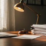 a solemn office space features a neatly organized wooden desk with an open laptop and a stack of legal documents, bathed in warm, diffused light, symbolizing the serious contemplation involved in filing for divorce in texas.