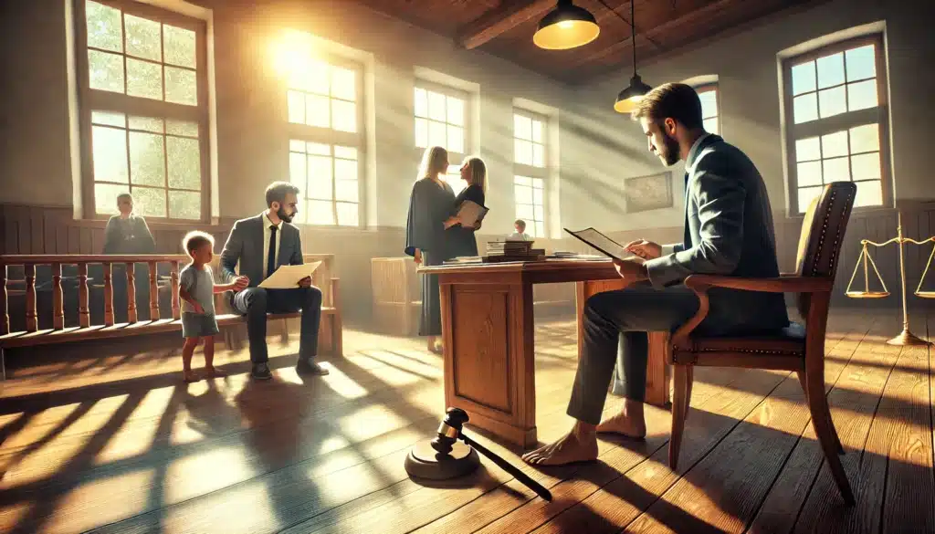 A cinematic, wide-angle, photo-realistic image depicting a judge considering a child's best interests in a custody case. The scene is set in a bright, summer courtroom with sunlight streaming through large windows. The judge sits at the bench, thoughtfully reviewing legal documents, while a parent and child are visible in the background, waiting anxiously. The environment is professional yet warm, symbolizing the care and importance placed on the child's well-being. The summer vibe adds a hopeful and balanced tone to the serious situation.