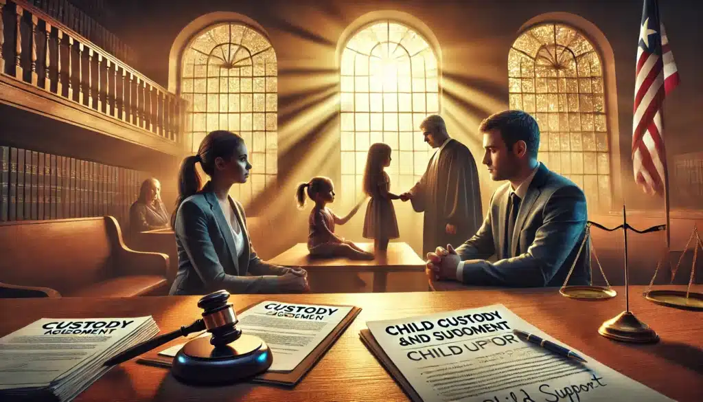 A cinematic, photo-realistic wide-angle image depicting child custody and support arrangements in Texas divorce cases. The scene features a courtroom with a judge overseeing a custody hearing, where two parents sit on opposite sides, each looking concerned. In the center, a young child sits with a guardian, symbolizing the child's best interests. A document labeled 'Custody Agreement' lies on the table, with financial paperwork nearby representing child support. Warm summer lighting streams through large windows, adding a dramatic yet hopeful atmosphere.