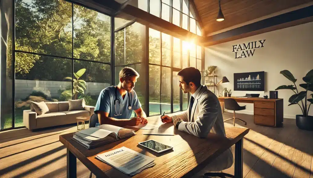 A cinematic, photo-realistic, wide-angle image with summer vibes. The scene shows a family law attorney in a modern, sunlit office providing actionable advice to a physician navigating divorce in Huffman, TX. The physician, wearing scrubs, is seated across a large wooden desk, taking notes with a focused expression. Legal documents, a laptop, and a tablet displaying a legal chart are on the desk. Large windows in the background overlook a sunny, lush garden, creating a calming and supportive environment. The atmosphere is professional yet empathetic, highlighting the guidance being offered.