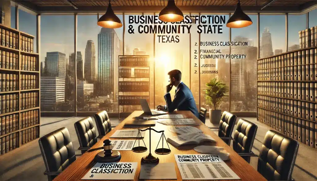 A wide-angle, photo-realistic, cinematic image illustrating factors impacting business classification in a community property state. The scene is set on a warm summer afternoon, featuring a business owner in deep thought inside a sleek office with large windows overlooking a bustling Texas cityscape. A conference table is covered with legal documents, financial statements, and charts labeled 'Business Classification & Community Property.' A judge’s gavel and scales of justice sit on the desk, symbolizing legal considerations. The golden sunlight streams through the windows, creating a professional yet contemplative atmosphere.