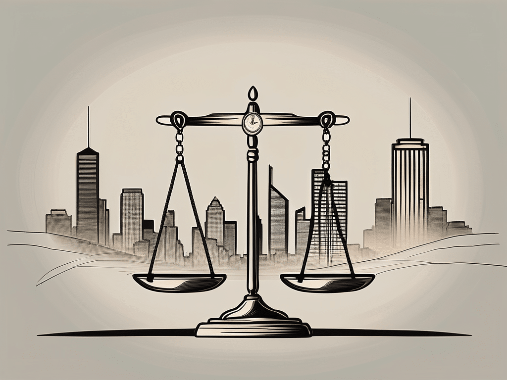 The houston skyline with a symbolic balance scale in the foreground