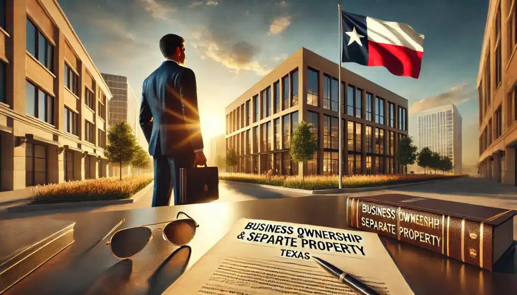 A wide-angle, photo-realistic, cinematic image illustrating business ownership and separate property in Texas. The scene is set during a summer afternoon, featuring a successful business owner standing in front of a modern office building with a Texas flag waving in the background. The golden sunlight casts warm tones, enhancing the depth and realism of the image. In the foreground, legal documents labeled 'Business Ownership & Separate Property' rest on a sleek desk, symbolizing legal considerations. The scene balances ambition and legal responsibility, emphasizing the importance of property rights in Texas.
