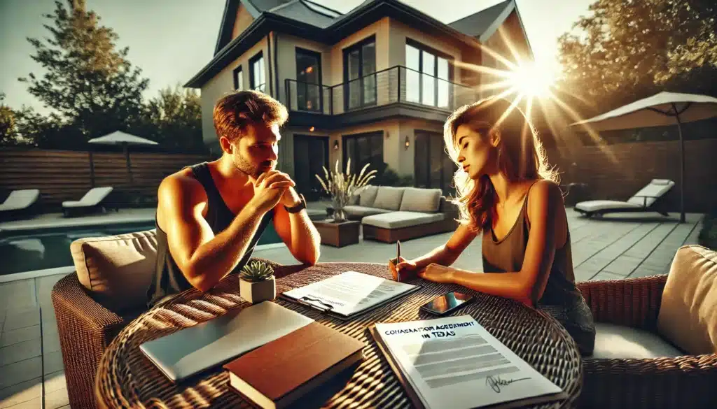 A wide-angle, photo-realistic, cinematic image with summer vibes. A couple sits at an outdoor patio table in the late afternoon sunlight, engaged in a thoughtful discussion about their cohabitation agreement in Texas. Legal documents, a laptop, and a notepad are on the table. The atmosphere is warm and inviting, with a modern suburban home in the background and a gentle breeze moving the trees. The couple appears focused but relaxed, ensuring their future is secure while enjoying their time together.