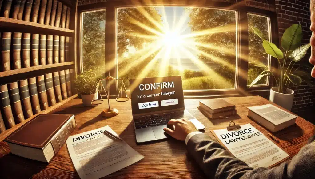 A wide-angle, photo-realistic, cinematic summer scene illustrating a person making a final decision on a divorce lawyer. The person is seated at a desk, with a laptop open, and they are about to click a 'confirm' button on a lawyer’s profile. Documents and notes are spread across the desk, with sunlight streaming through a large window, casting a golden glow on the scene. The background features a lush summer landscape outside the window, creating a warm and hopeful atmosphere, reflecting the weight of the decision while maintaining a positive and forward-looking mood.