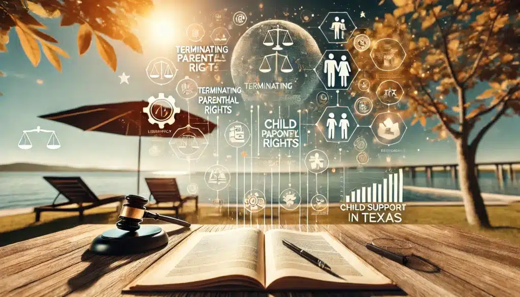 A wide-angle, photo-realistic, cinematic image with summer vibes, illustrating the impact of terminating parental rights on child support obligations in Texas. The image includes an infographic-style layout with icons representing parental rights, legal documents, and child support. The setting evokes clarity and understanding, with a warm summer backdrop providing an optimistic atmosphere. In the background, there are subtle elements like scales of justice and Texas state symbols, reinforcing the legal context of parental rights and child support. The overall image reflects the seriousness and complexity of the topic.
