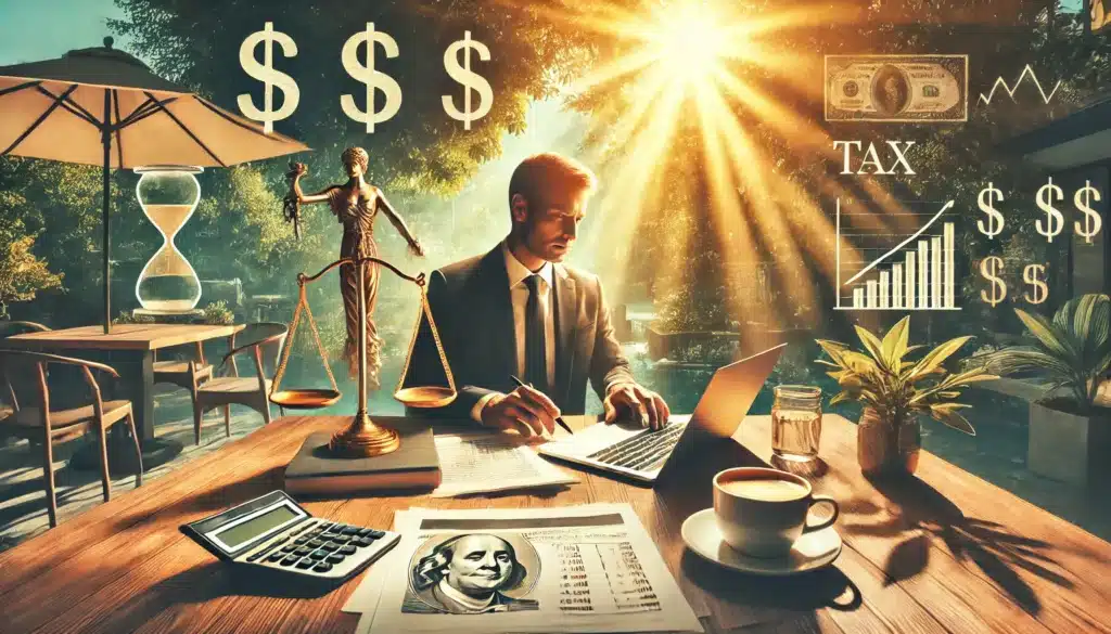 A cinematic, wide-angle, photo-realistic depiction of a sunny summer day in a professional outdoor setting. A legal professional is seated at a table with financial documents, a laptop displaying tax calculations, and a coffee cup. Nearby, symbols of finance such as a calculator and dollar signs subtly appear, representing the tax implications of spousal support payments. The setting features vibrant greenery, warm golden sunlight, and a relaxed yet focused atmosphere, blending summer vibes with professional seriousness.