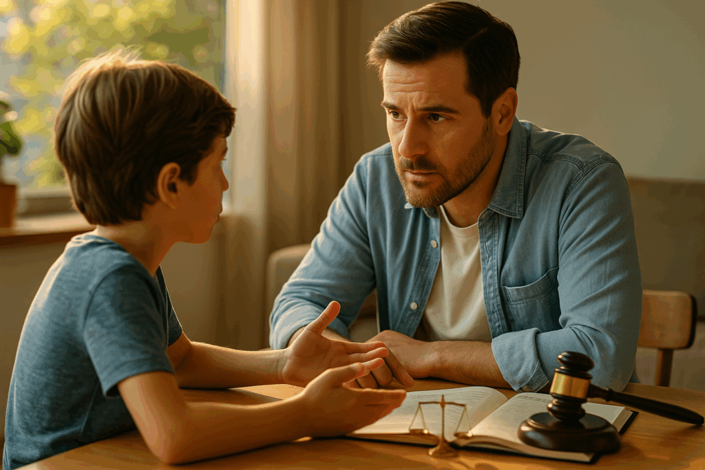 A parent and child discussing custody matters.