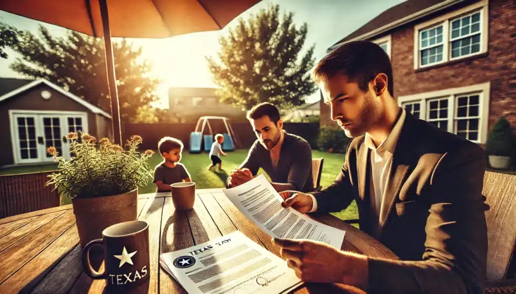 A wide-angle, photo-realistic, cinematic image capturing a summer vibe. The scene features a serious yet determined parent or guardian sitting at an outdoor table with legal documents, carefully reviewing them with a lawyer or advisor. A Texas state seal is subtly visible on the paperwork, symbolizing compliance with Texas law regarding child care. In the background, a child plays happily in a well-maintained backyard, reinforcing the importance of legal protections for their well-being. The warm sunlight filters through the trees, creating a reassuring and hopeful atmosphere.