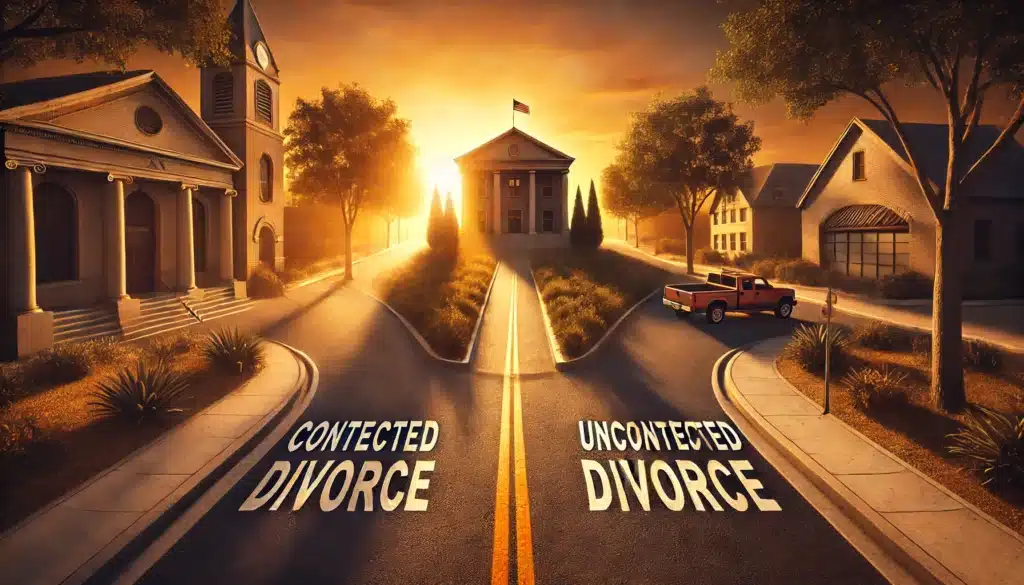 A cinematic, photo-realistic wide-angle image depicting the concept of different divorce types in Texas. The scene shows a symbolic fork in the road at sunset, with two distinct paths: one leading to a courthouse, representing a contested divorce, and the other leading to a peaceful suburban home, symbolizing an uncontested divorce. The warm summer atmosphere, dramatic lighting, and long shadows enhance the visual storytelling. The image captures the emotional and legal choices involved in the divorce process.