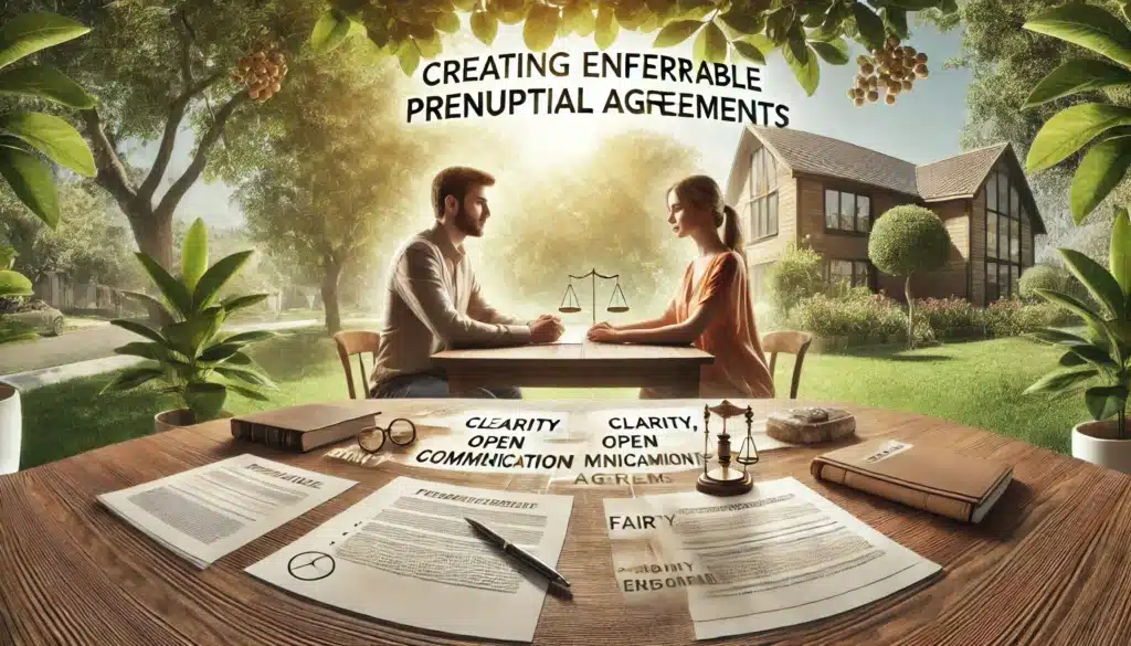A photo-realistic, cinematic wide-angle image illustrating practical tips for creating enforceable prenuptial agreements. The image has summer vibes and features a couple sitting outdoors at a table with a clear view of neatly organized documents in front of them, symbolizing fairness and transparency. Both individuals appear calm and engaged in the discussion, representing collaboration. The scene is enhanced by warm sunlight, green trees, and a serene environment, emphasizing harmony in the process. The focus is on the importance of clarity, open communication, and balance in creating a legally enforceable agreement.