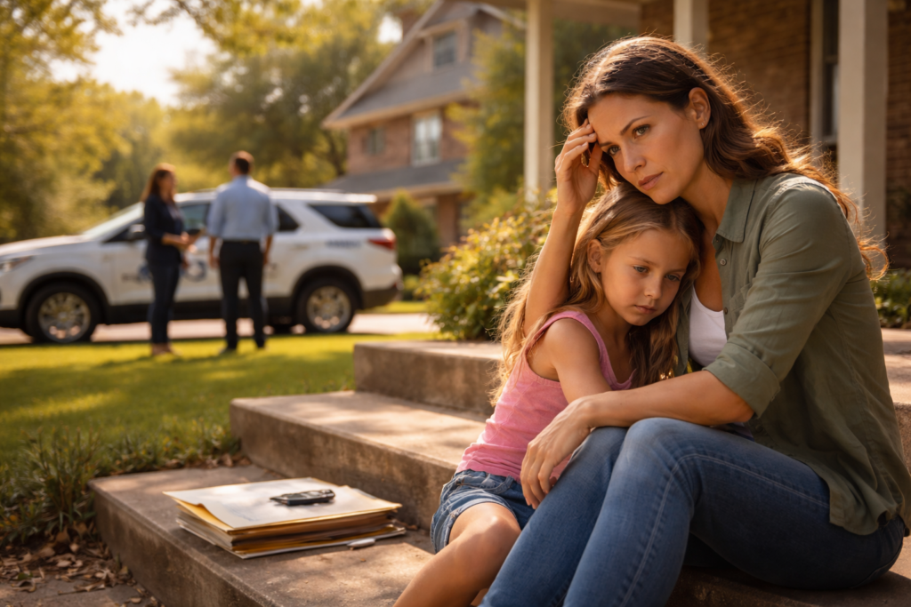 Mother holding her child outside Texas home during CPS drug testing investigation related to divorce and custody case