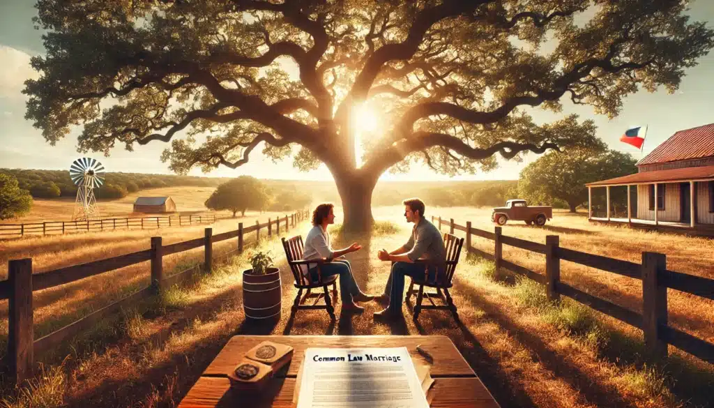 A photo-realistic, cinematic wide-angle image depicting an outdoor summer setting with a couple sitting on a rustic wooden bench under a large oak tree. They are engaged in a discussion, with legal documents labeled 'Common Law Marriage' on a small table beside them. The warm sunlight filters through the tree branches, creating a cozy and inviting atmosphere. The background features a vast Texas landscape with rolling fields, a wooden fence, and a distant ranch house. The scene conveys a relaxed yet thoughtful mood, emphasizing the concept of informal marriage.