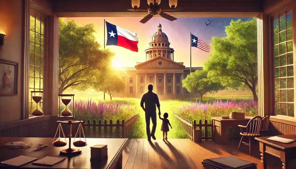 A cinematic, photo-realistic wide-angle illustration of a serene Texas summer scene symbolizing sole legal custody. The image features a peaceful courthouse with the Texas flag gently waving, a parent holding their child’s hand confidently walking away, and a backdrop of warm sunlight, lush green trees, and blooming wildflowers. The scene conveys a sense of legal resolution, protection, and family security.
