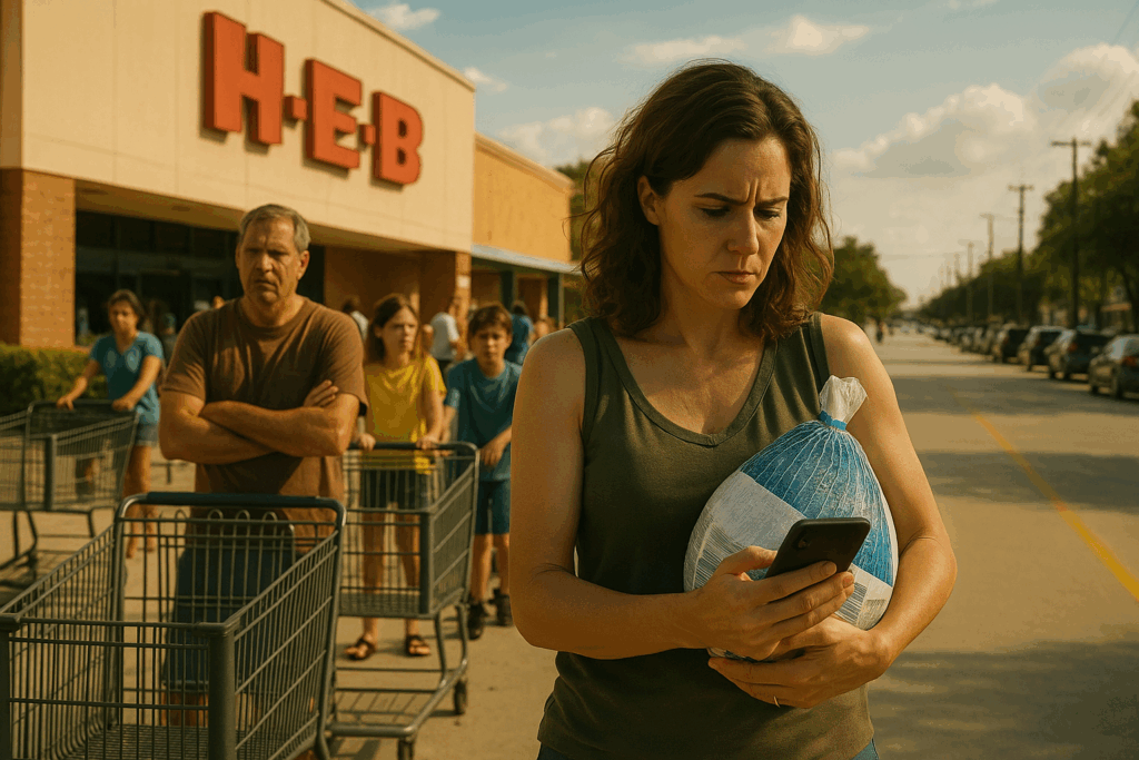 Woman holding frozen turkey and phone outside H-E-B, visibly stressed in line, representing real-life tension during a child custody dispute.