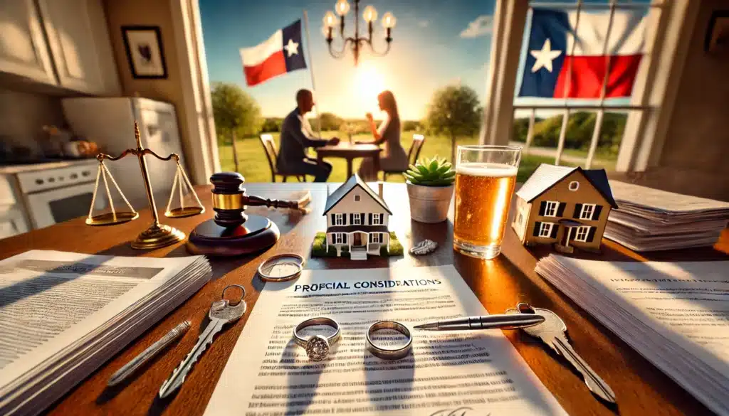 A wide-angle, photo-realistic, cinematic illustration highlighting special considerations in property division during a divorce. The scene features symbolic items on a table such as house keys, business documents, a wedding ring, and legal paperwork being reviewed by two individuals. The background captures a bright summer day, with warm sunlight illuminating the setting and casting natural shadows. Texas-themed decor subtly decorates the area, creating a peaceful, reflective atmosphere. The image emphasizes the complexities of dividing both physical and financial assets with a calm, thoughtful mood and summer vibes.