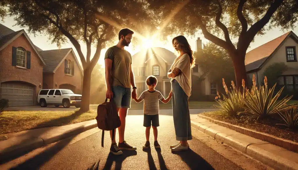 A cinematic, wide-angle, photo-realistic image depicting the emotional impact of a common law marriage ending on child custody arrangements. A man and a woman stand apart in a sunlit Texas suburban neighborhood, both looking concerned as their young child, around 6 years old, stands between them holding a small backpack. The summer atmosphere is warm with golden sunlight filtering through the trees, creating long shadows on the pavement. A courthouse looms in the background, symbolizing the legal battle ahead. The scene conveys tension, uncertainty, and the stakes involved in child custody disputes.