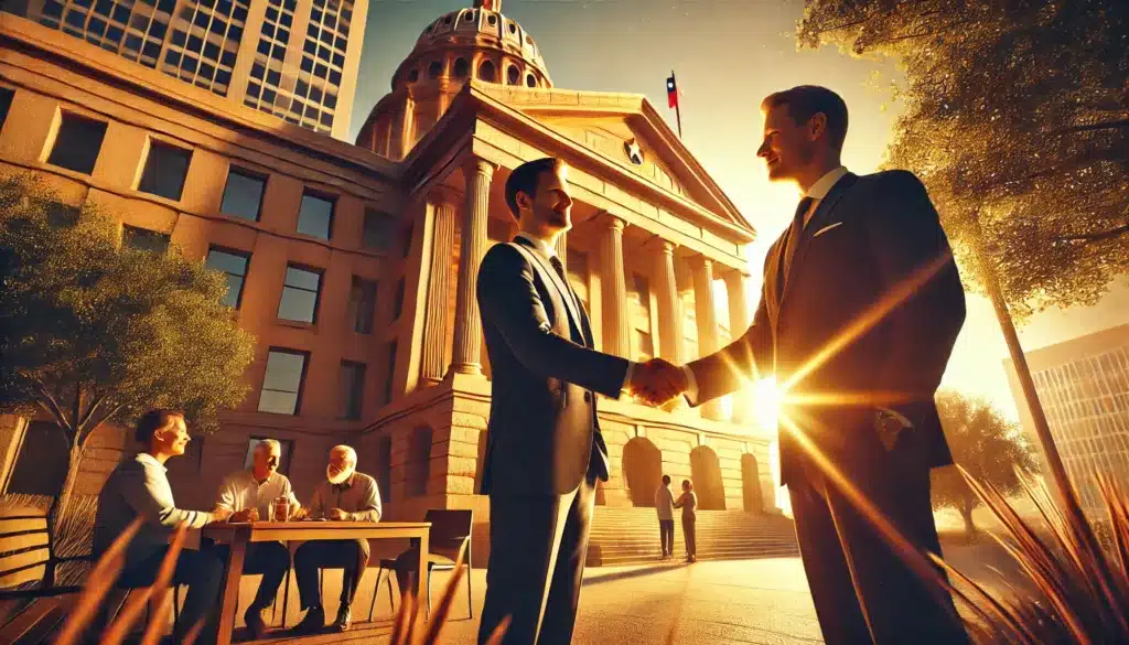 A wide-angle, photo-realistic, cinematic image with summer vibes. A symbolic representation of the importance of consulting an experienced Texas family law attorney. The scene features a confident attorney in a professional suit standing outside a Texas courthouse, warmly shaking hands with a relieved client. The golden sunset casts a reassuring glow over the courthouse, emphasizing trust and guidance. In the background, a family looks on with hope, symbolizing the impact of proper legal representation. The image conveys professionalism, confidence, and the importance of legal expertise in Texas family law cases.