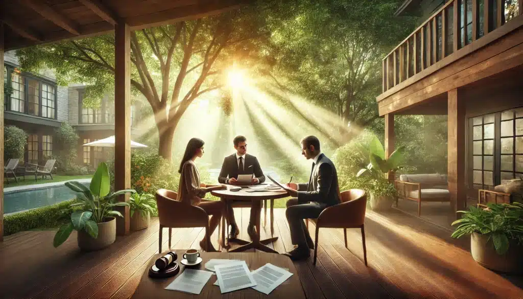 A wide-angle, photo-realistic, cinematic image with summer vibes. The scene depicts collaborative divorce attorneys in River Oaks, Texas, assisting clients. A serene outdoor setting with a professional attorney sitting at a table with two clients, reviewing documents. Warm sunlight filters through lush green trees, with a calming atmosphere of cooperation and trust. The setting features a few scattered papers, coffee cups, and friendly expressions, symbolizing productive discussions and mutual understanding.