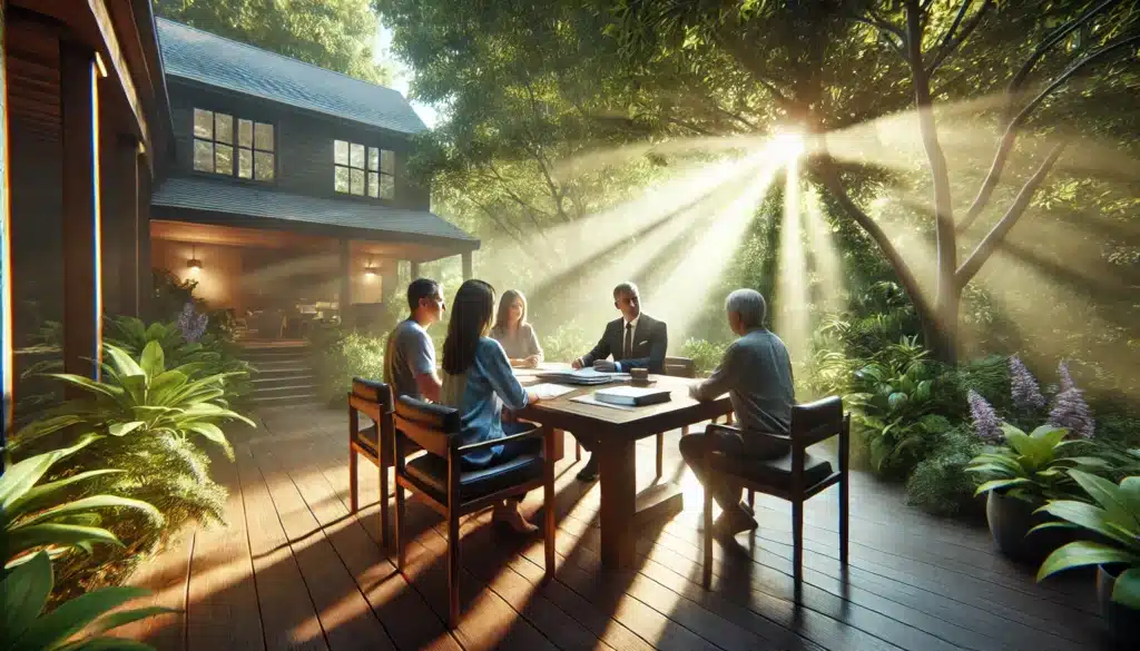 A cinematic, wide-angle, photo-realistic summer scene showing a serene outdoor patio where a family is engaged in a discussion with a mediator. The setting includes a large wooden table with documents and notebooks, surrounded by lush greenery and dappled sunlight filtering through the trees. The mood is collaborative and peaceful, emphasizing the benefits of mediation in resolving family law matters. The family appears calm and focused, while the mediator maintains a supportive and professional demeanor.