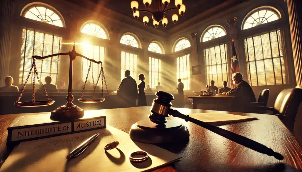 A wide-angle, photo-realistic, cinematic image capturing a summer scene in a Texas courtroom, symbolizing the evaluation of infidelity in divorce settlements. Warm sunlight streams through large windows, casting a golden glow. In the foreground, scales of justice, legal documents, and a wedding ring lie on a polished desk. A judge, attorney, and a thoughtful couple stand in the background, adding depth and seriousness to the scene. The atmosphere is contemplative and dramatic, capturing the emotional weight of the legal process. No visible cameras or text in the image.