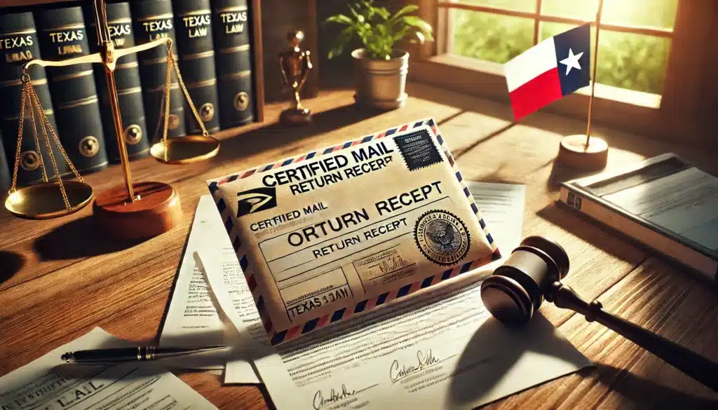 A cinematic, wide-angle, photo-realistic image with summer vibes. A certified mail envelope with an official return receipt lies on a wooden desk, alongside legal documents related to Texas family law. Sunlight streams through a nearby window, casting a warm glow on the scene. A judge's gavel and a Texas flag in the background subtly emphasize the legal setting. The atmosphere conveys importance and professionalism, highlighting the role of certified mail in legal processes.
