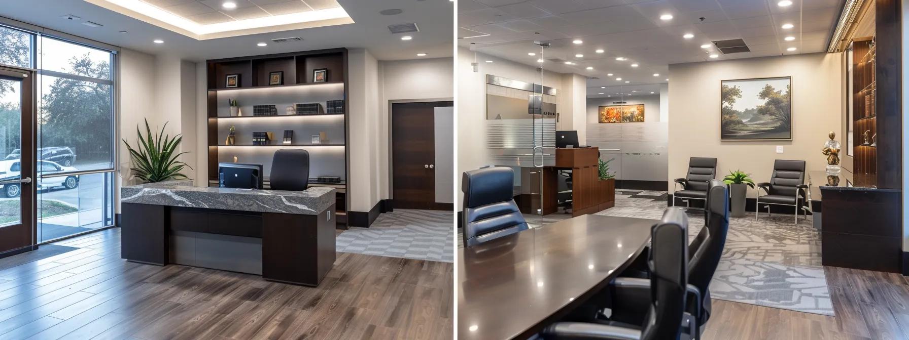 a modern law office with a sleek conference table, filled with legal documents and family photos, visually representing the concept of child custody categories in texas, illuminated by focused overhead lighting.