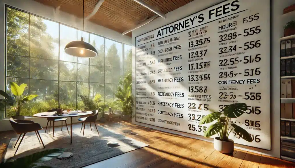 A wide-angle, photo-realistic, cinematic summer scene showing a modern office with a large whiteboard displaying a breakdown of attorney's fees. The whiteboard is filled with clear writing and numbers, listing different types of fees such as hourly rates, retainer fees, and contingency fees. The room is filled with natural summer sunlight streaming in through large windows, casting a warm glow over the scene. Outside the windows, you can see lush green trees and a bright blue sky, adding to the relaxing summer vibes. The setting feels professional yet approachable.