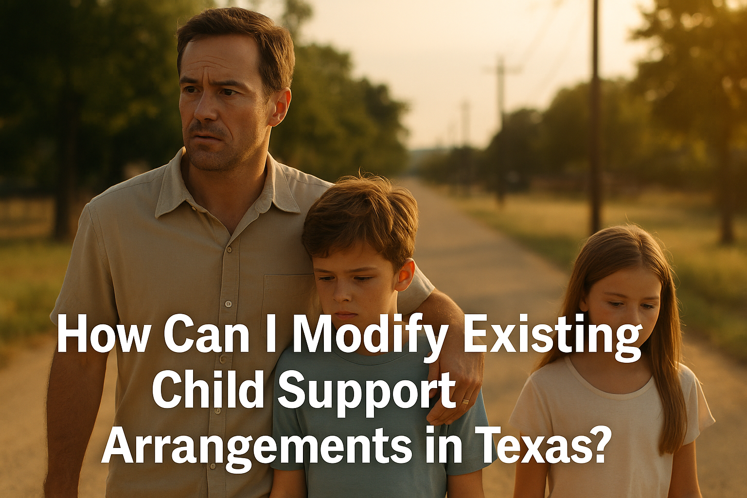 A father walking with his two children on a Texas country road at sunset, symbolizing family transitions and the need to modify existing child support arrangements in Texas.