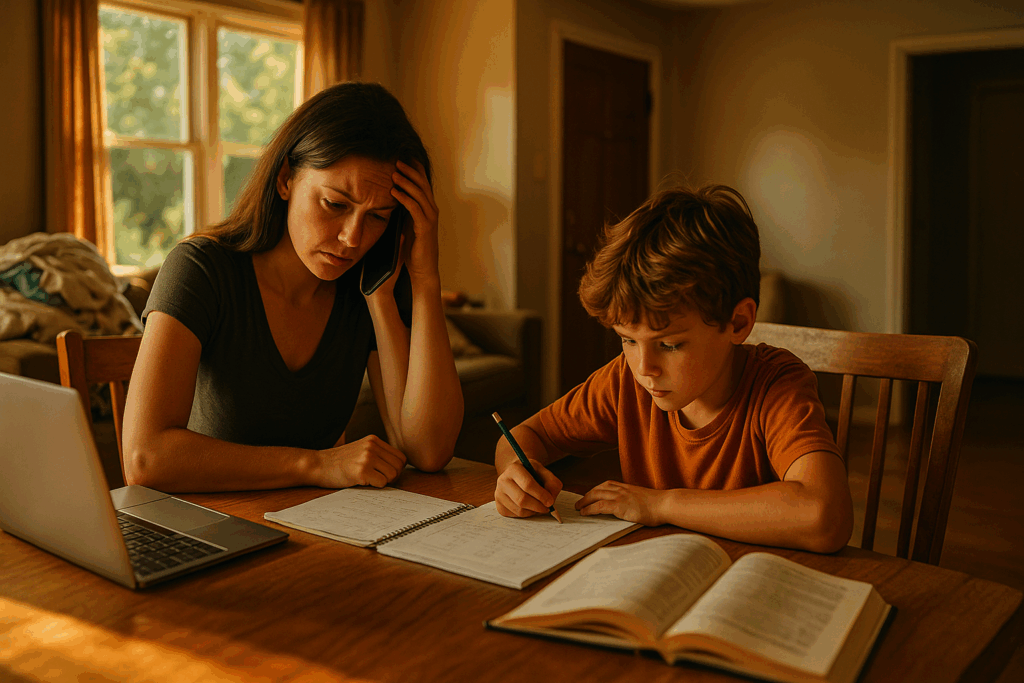 A stressed mother helps her son with math homework while on the phone, reflecting the challenges of navigating custody after domestic violence incidents and protecting a child’s academic routine.