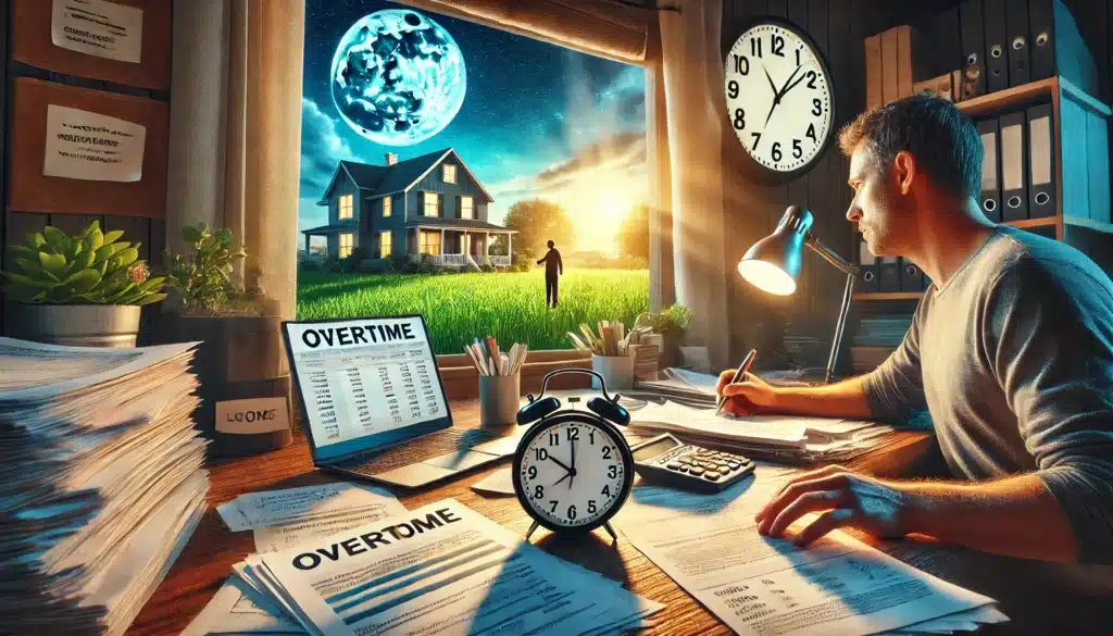 Illustration of a clock and paycheck symbolizing overtime pay