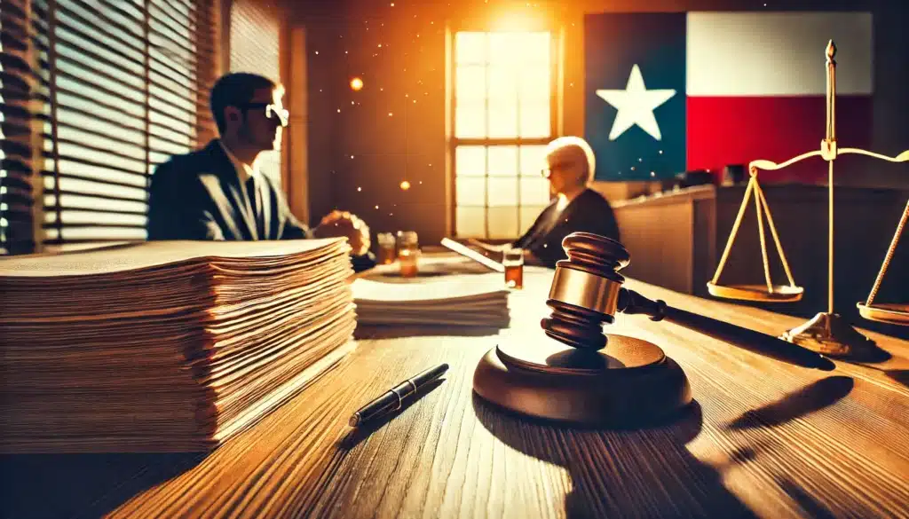 A wide-angle, photo-realistic, cinematic image with summer vibes, visually representing the legal process of terminating parental rights in Texas. The image captures a courtroom setting under warm sunlight, with a stack of legal documents on a wooden table and a gavel nearby. In the background, a judge is seated, with a parent standing before the court. The summer ambiance creates a contrast between the serious nature of the legal proceedings and a sense of resolution. Texas state symbols are subtly present, emphasizing the local legal context.