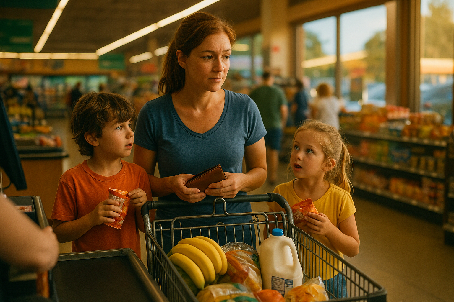 A mother with two young children at a Texas grocery store checkout, symbolizing everyday family challenges and child support realities.
