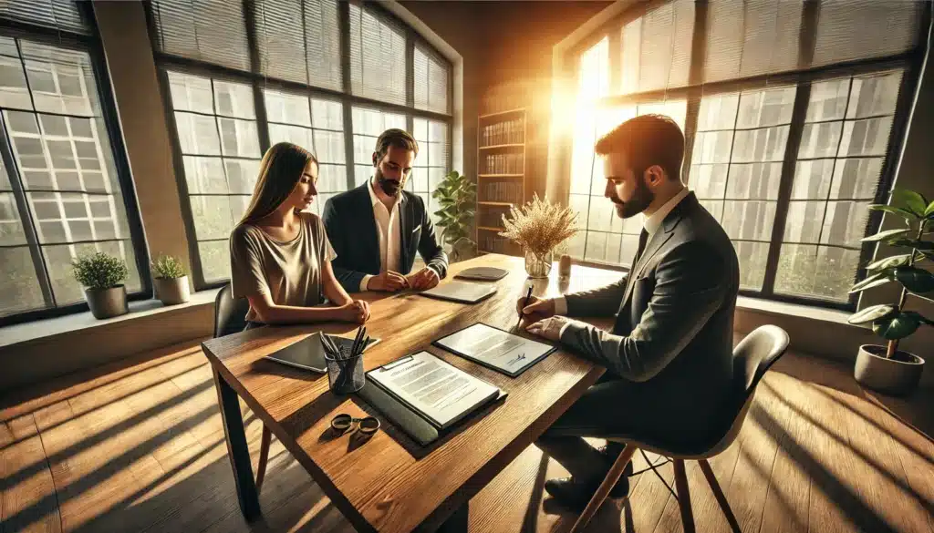 A wide-angle, photo-realistic, cinematic image illustrating the process of drafting an enforceable cohabitation agreement. The scene captures a couple sitting at a modern wooden table in a summer-lit legal office, consulting with a professional attorney. The lawyer is attentively explaining the document while the couple reviews and signs the agreement. Sunlight streams through large windows, creating a warm and professional atmosphere. The table is neatly arranged with legal paperwork, a laptop, and pens, symbolizing legal security and responsible planning.