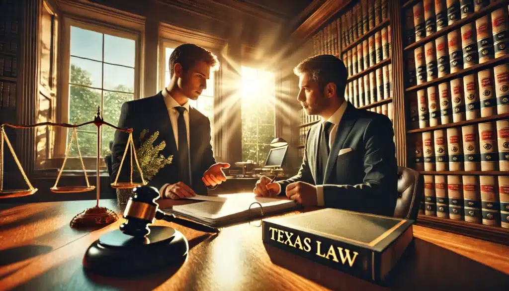 A cinematic, wide-angle, photo-realistic image of a legal expert guiding a client through Texas family law in a professional law office. The attorney, dressed in formal attire, sits across from the client at a polished desk, explaining legal documents. Warm summer sunlight streams through large windows, illuminating elegant bookshelves and a Texas law book on the table. The atmosphere is professional yet inviting, symbolizing clarity and support in navigating legal challenges.