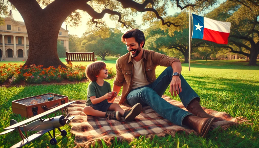 A cinematic, photo-realistic wide-angle image of a father and his child spending quality time together in a Texas park during a warm summer afternoon. The father, in his mid-30s with casual attire, is sitting on a picnic blanket, smiling warmly while his young child, around 7 years old, is playing nearby with a toy airplane. The setting includes green grass, blooming flowers, and a large oak tree providing shade. In the background, there’s a Texas flag gently waving in the breeze, adding a distinct Texas vibe to the family moment. The atmosphere is peaceful, warm, and inviting.