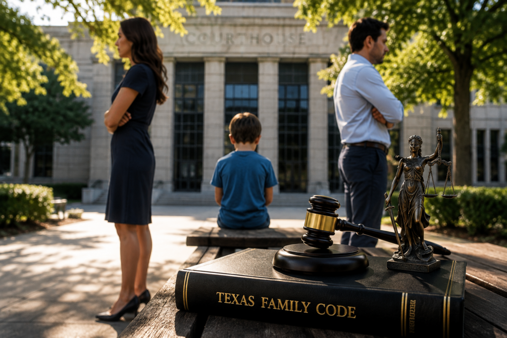 Divorcing Texas parents with child outside courthouse beside Texas Family Code, gavel, and Lady Justice statue