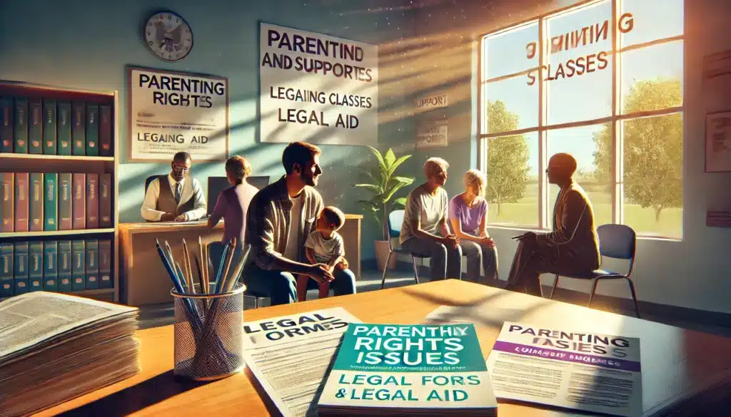 A wide-angle, photo-realistic, cinematic illustration showing resources and support for families dealing with parental rights issues. The scene features a family sitting at a table in a sunny community center or support office, with brochures, legal forms, and a counselor or social worker offering guidance. In the background, you can see a bulletin board with information about parenting classes, legal aid, and support groups. The summer vibes are reflected through large windows with sunlight streaming in, creating a warm, hopeful atmosphere while addressing serious family matters.