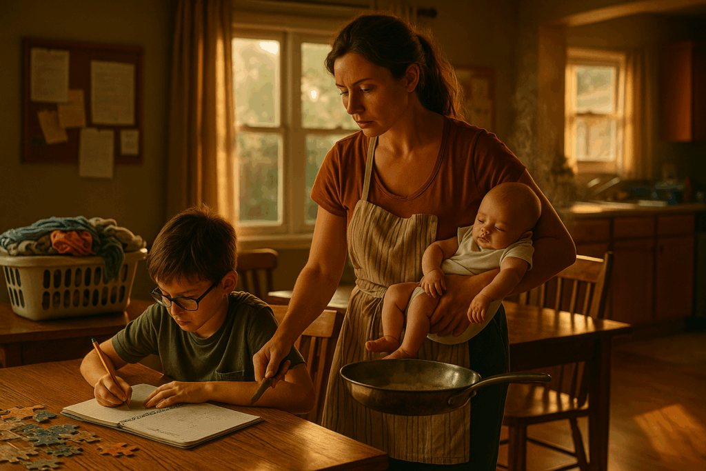 Mother multitasking during family dinner time—holding a baby, helping her son with homework, and juggling household responsibilities.