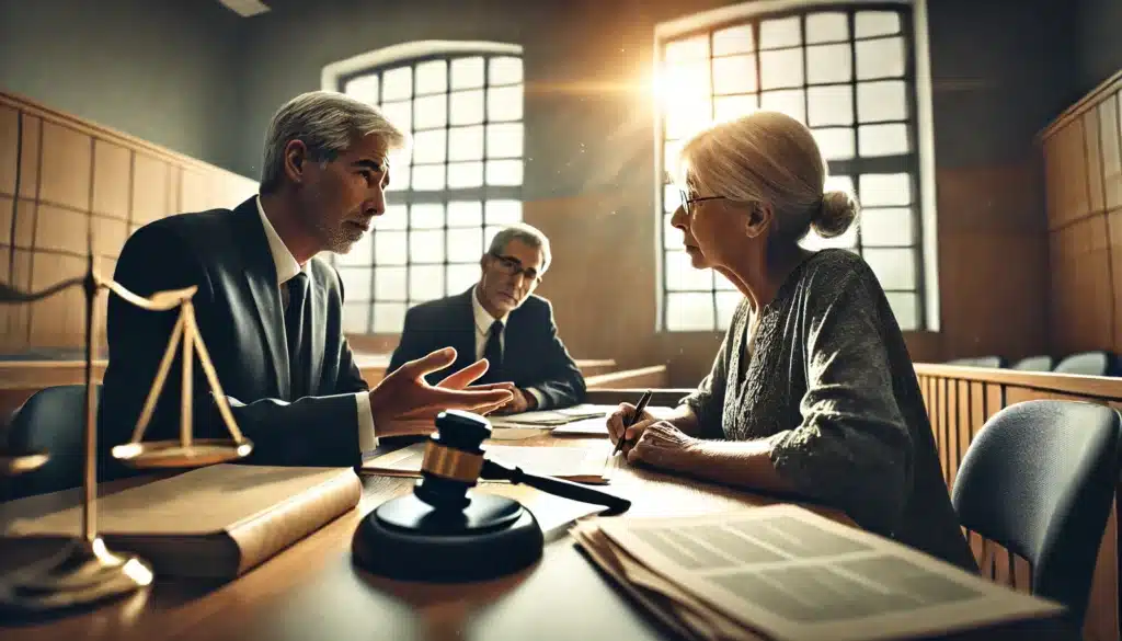 A wide-angle, photo-realistic, cinematic image capturing a courtroom scene. The image shows a grandparent sitting at a table with their attorney, discussing legal matters. The courtroom is filled with natural light, with the grandparent and attorney focused on the legal documents in front of them. The grandparent appears attentive, while the attorney gestures toward the paperwork, explaining the legal process. The atmosphere is serious yet professional, highlighting the legal proceedings involved in a case regarding grandparents' rights. The scene has a calm, focused tone, with summer vibes filtering in through the windows.