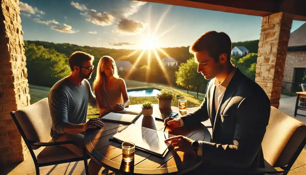 Wide-angle, photo-realistic, cinematic image with summer vibes. A professional setting outdoors under warm sunlight, showing a Texas couple meeting with a financial advisor at a sunlit patio table. The advisor is explaining financial documents, symbolizing financial stability during divorce proceedings. In the background, a serene summer landscape with green trees and blue skies adds tranquility and focus to the moment. The mood is supportive and hopeful, emphasizing guidance and planning for financial security.