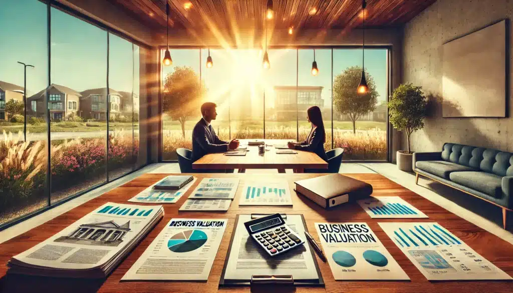 A wide-angle, cinematic, photo-realistic image with summer vibes illustrating the process of business valuation during a Texas divorce. The scene shows a professional setting with financial documents, valuation reports, and a calculator on a large table. Two people, one representing each spouse, are sitting across from a business valuation expert who is presenting a report with charts and figures. The background features a sunny Texas landscape through large windows, with warm sunlight adding a sense of clarity and seriousness to the process. No cameras or equipment are visible.